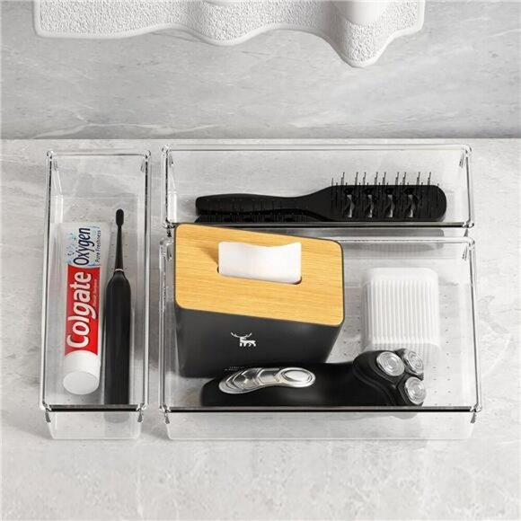 Clear Plastic Drawer Organizer Bins Set Kitchen Bathroom Makeup Storage - Picture 2 of 7